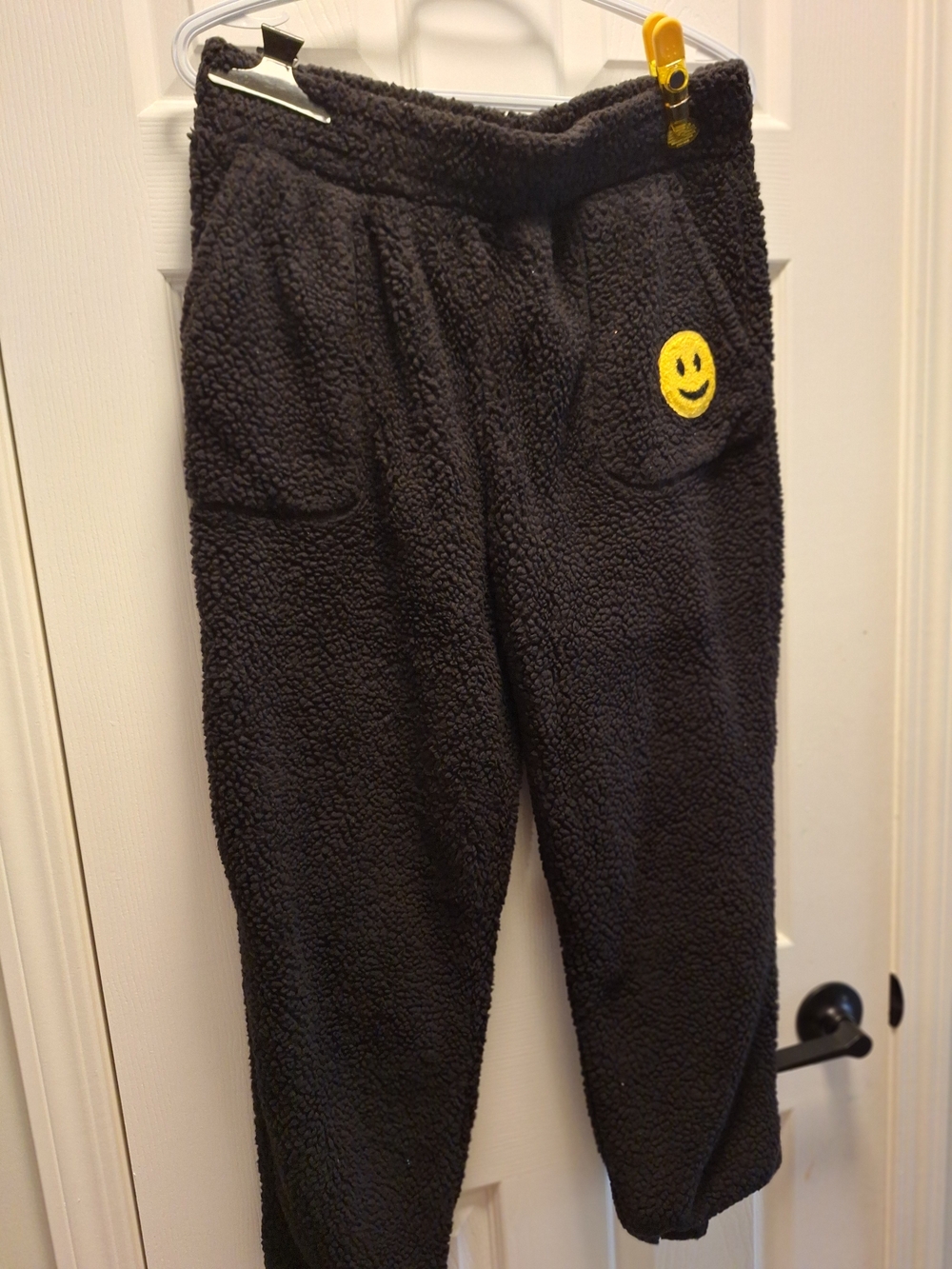 Black Sherpa Lounge Pants with Yellow Smile Patch